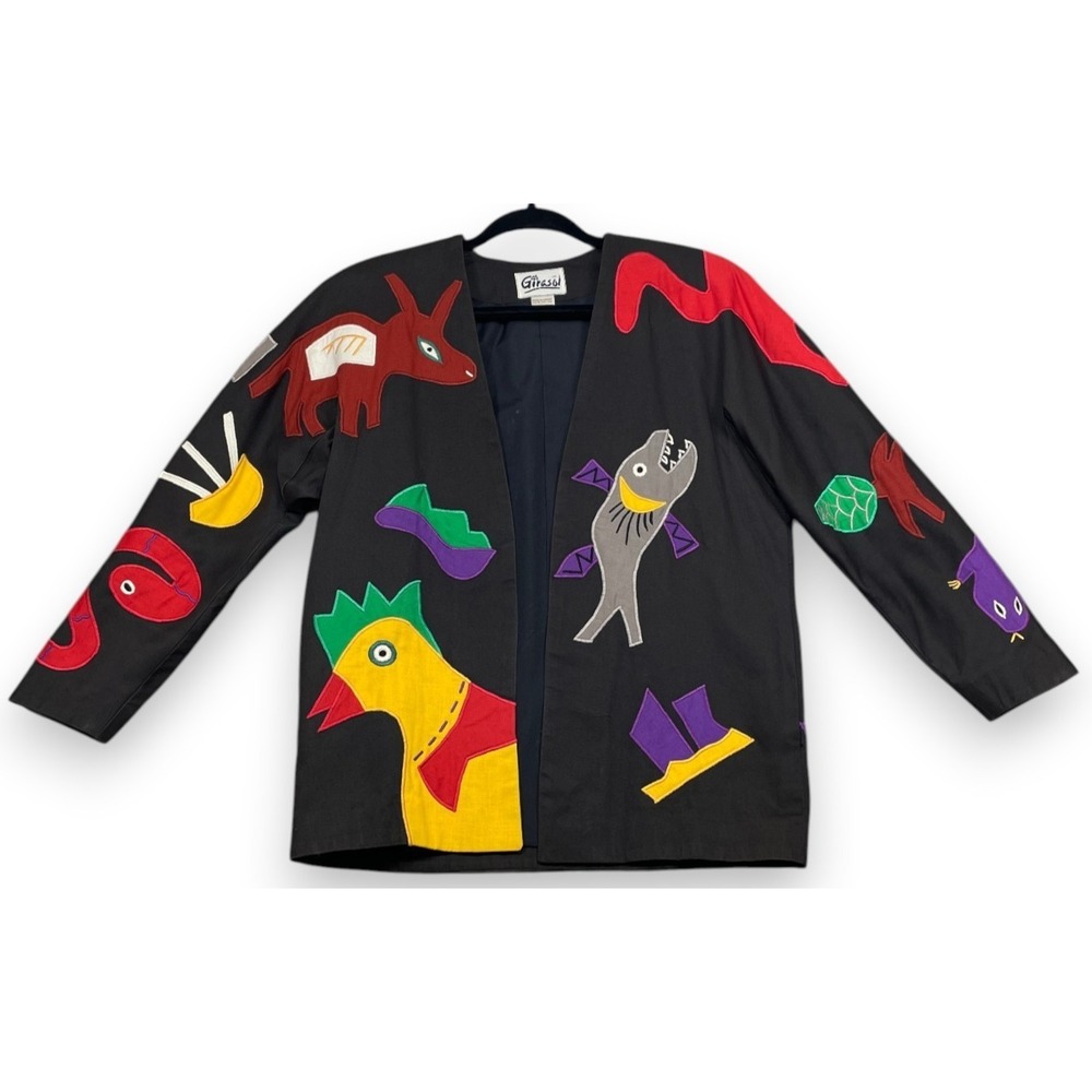 Vintage Girasol Jacket Black Medium Animals Wearable Art Applique Folk Art